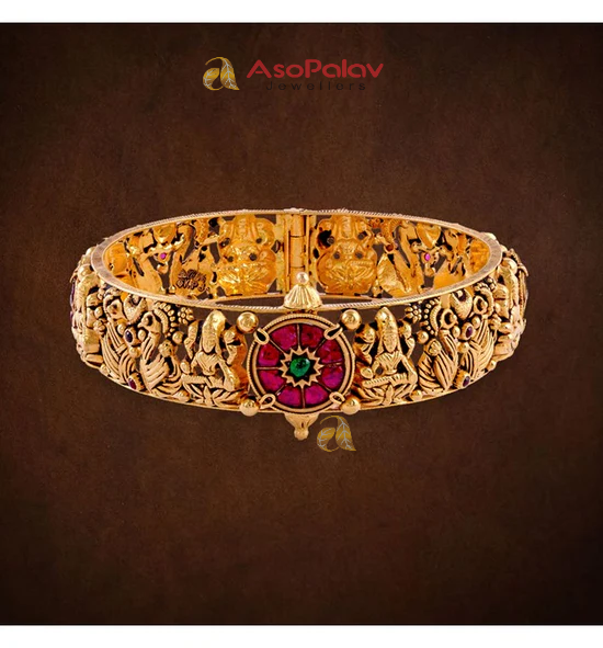 22K Lakshmi Gold Kada Bangle with Polki & Gemstone Work